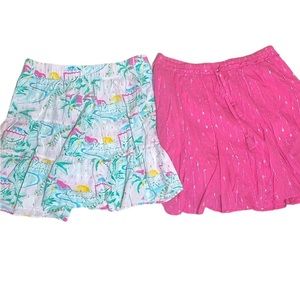 2 Crown & Ivy Mini Skirts Large 12 14 White Beach Print Pink & Silver